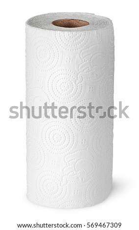 Roll paper towels on the bushing vertically isolated on white background