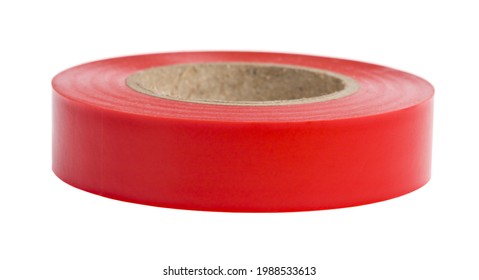 Roll Of Red Electrical Tape Isolated On White Background. Detail For Design. Design Elements. Macro. Background For Business Cards, Postcards And Posters.