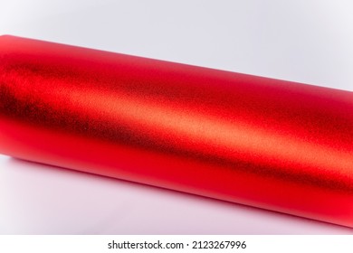 Roll Of Red Shiny Paper For Creativity. Isolon For Flowers. Soft Material For Handmade