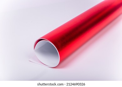 Roll Of Red Shiny Paper For Creativity. Isolon For Flowers. Soft Material For Handmade