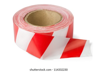 Roll Of Red White Barrier Tape Isolated On White