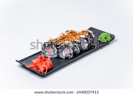 roll Salmon in teriyaki sauce, tiger shrimp, snow crab, cream cheese, tobiko caviar, rice and nori

