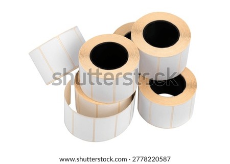 A roll of thermal printer labels on a white background. Close-up of the printer labels on a white background.