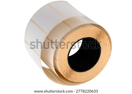 A roll of thermal printer labels on a white background. Close-up of the printer labels on a white background.