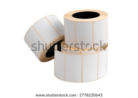 A roll of thermal printer labels on a white background. Close-up of the printer labels on a white background.