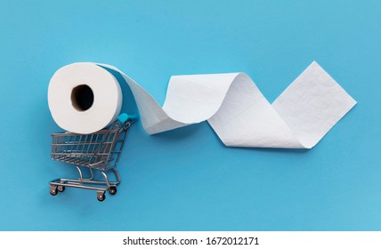 Roll Of White Toilet Paper With A Shopping Cart On A Blue Background