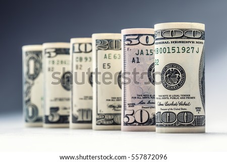 Rolled american dollars banknotes in vertical position.
