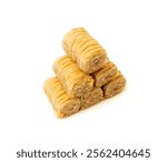 Rolled Baklava Isolated, Assabee Ramadan Dessert Roll on Restaurant Plate, Eastern Sweet Filo Pastries, Turkish Honey Baklawa Rolls, Traditional Oriental Desert, Baklava Pieces on White Background