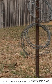 Rolled Barbed Wire On A Metal Post In A Field.