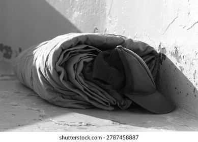Rolled bedding and a cap sit in a worn urban corner, suggesting homelessness in Long Beach.