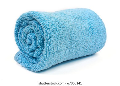 Rolled Up Blue Beach Towel On  White Background