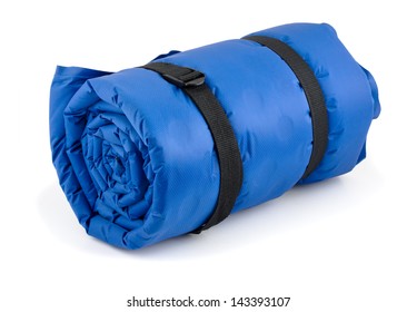 Rolled blue inflatable camping bed isolated on white