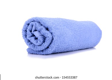 Rolled Up Blue Towel Isolated On White 