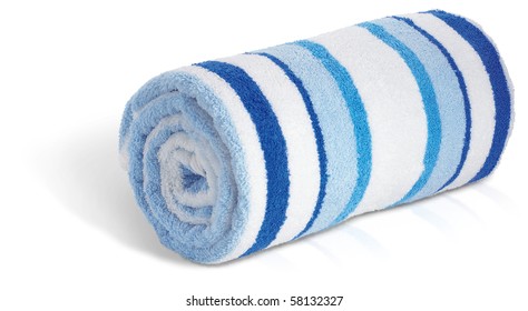 Rolled Up Blue And White Beach Towel On A White Background