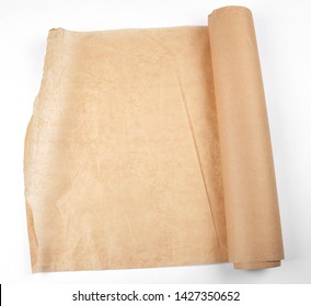 Rolled Brown Parchment Paper Roll For Baking On A White Background