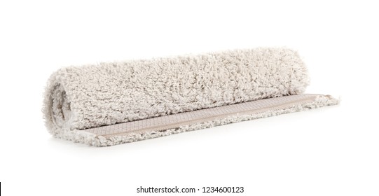 Rolled Fuzzy Carpet On White Background. Interior Element