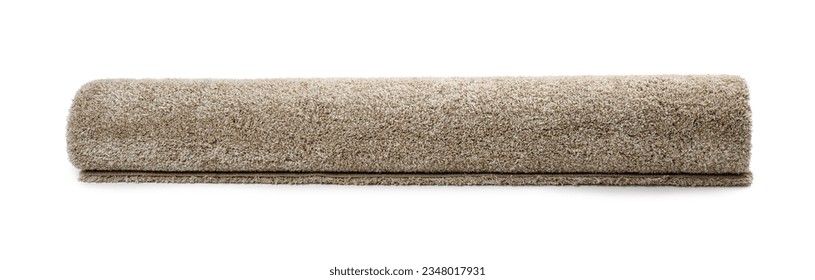 Rolled fuzzy carpet on white background. Interior element - Shutterstock ID 2348017931