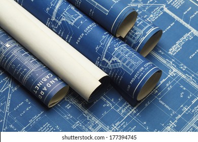 Rolled House Blueprints and Construction Plans. - Shutterstock ID 177394745