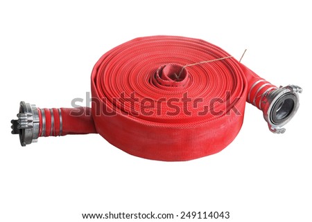Rolled into a roll, red fire hose with aluminum connective couplings, Isolated on white background.