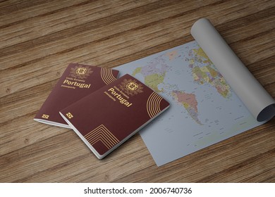 rolled map On a wooden board with two Portugal passports