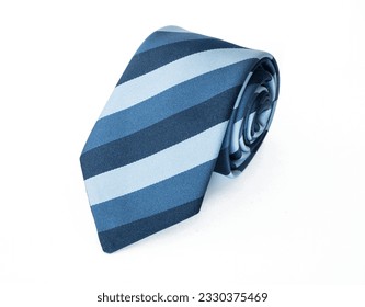 Rolled up men's necktie shop item concept. Mens necktie isolated on white.