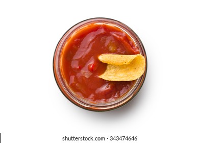 Rolled Nacho Chips And Salsa Dip On White Background