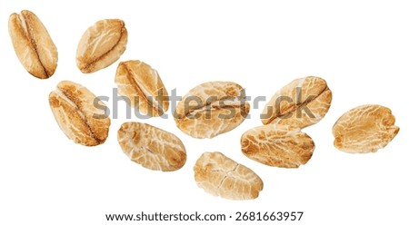 Rolled Oat flakes  explosion. Levitating oatflakes shattering isolated on white background. Falling oats and crumbs 