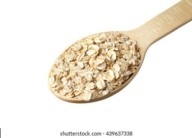 Rolled Oats In A Wooden Spoon Isolated On White