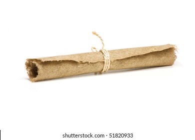 Rolled Up Old Hemp Paper. Isolated On White.