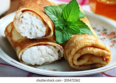 Rolled Pancakes With Cottage Cheese Close Up