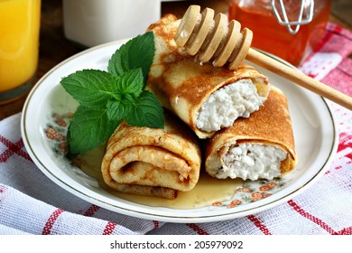 Rolled Pancakes With Cottage Cheese Close Up