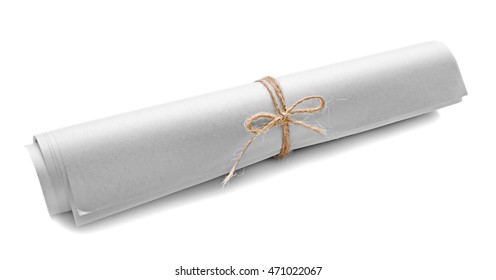 Rolled Paper Tied With Cord Isolated On White