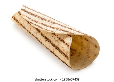 Rolled Up Plain Tortilla Wrap With Grill Marks Isolated On White.