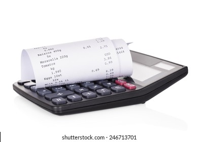 Rolled Receipt On Calculator Over White Background
