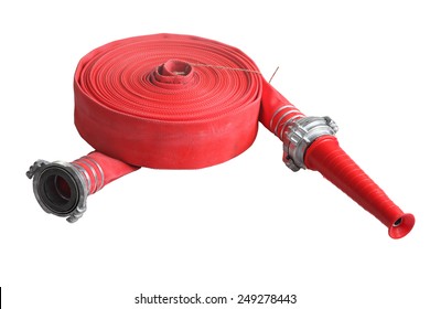 Rolled Up Red Fire Fighting Hose With Coupler And Nozzle, Isolated On White Background.