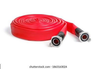 Rolled Red Firefighter Hose Isolated On The White Background With Clipping Path. 