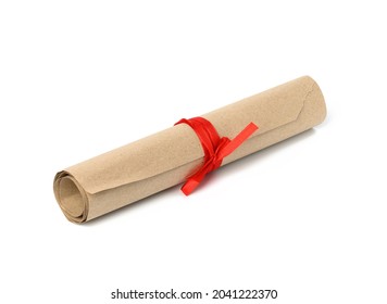 Rolled Up Roll Of Brown Kraft Paper And Tied With Red Ribbon