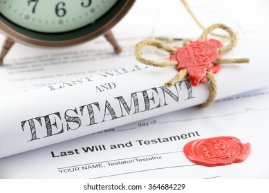 Rolled Up Scroll Of Last Will And Testament Fastened With Natural Brown Jute Twine Hemp Rope, Sealed With Sealing Wax And Stamped With Alphabet Letter B. Decorated With An Antique Clock On A Table.