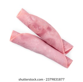 Rolled slices of tasty ham isolated on white, top view