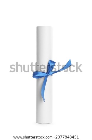 Rolled student's diploma with light blue ribbon isolated on white