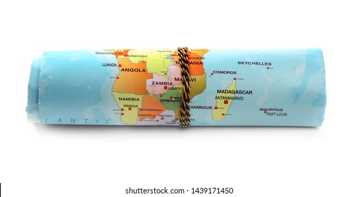 Rolled World Map On White Background. Camping Equipment