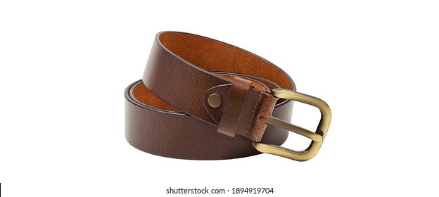 A rolled-up brown leather belt with a metal buckle on a white background is isolated. Place for advertisement, logo, label, mockup, mock-up.