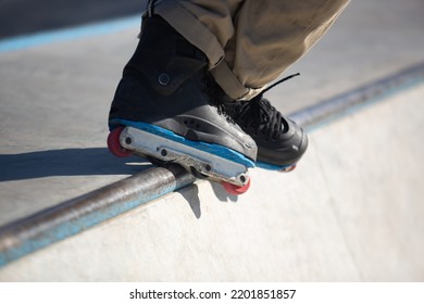 Roller Blader Grinding On Rail Skatepark Stock Photo 2201851857 ...