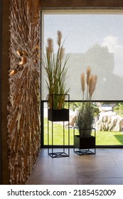 Roller Blinds In The Interior. Automatic Solar Shades Large Size On The Window. Modern Interior With Wood Decor Panel On The Wall. Green Plants In Hi-tech Flower Pots. Electric Curtains For Home. 