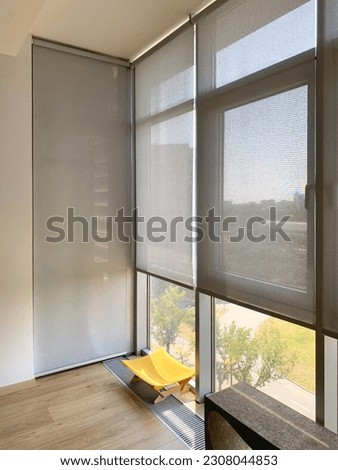 Roller blinds on the windows in the interior. Automatic solar shades on full height windows. Motorized sunscreen blinds with screen fabric. Ginger cat lies on a couch near the window with curtains.