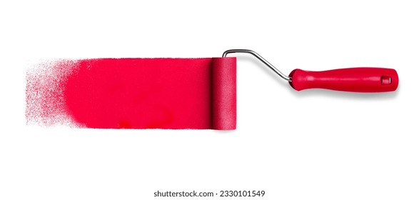 Roller brush with long red paint track stroke isolated on white background - Shutterstock ID 2330101549