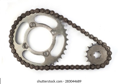 Roller chains with sprockets for motorcycles on white background