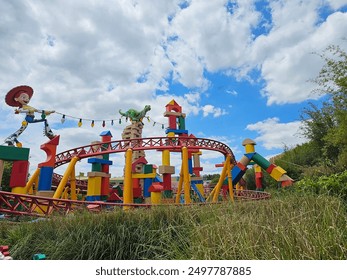 A roller coaster themed after the movie Toy Story in Florida, USA.