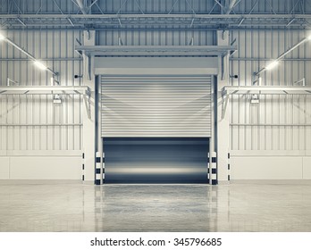 Roller Door Or Roller Shutter Using For Factory, Warehouse Or Hangar. Industrial Building Interior Consist Of Polished Concrete Floor And Half Open Door For Product Display Or Industry Background.