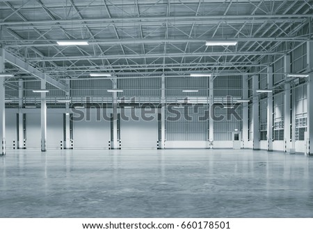 Roller door or roller shutter using for factory, warehouse or hangar. Industrial building interior consist of polished concrete floor and closed door for product display or industry background.